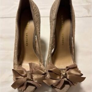 Chinese Laundry Lace Tan Peep-Toe Platform Stiletto Heels
